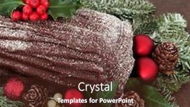  Presentation with chocolate - PPT layouts consisting of chocolate yule log with red bauble decorations holly ivy mistletoe and snow covered fir background and a tawny brown colored foreground