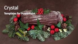 Presentation with yuletide - Slides having chocolate yuletide log with red bauble decorations holly ivy mistletoe snow covered fir and pine cones over brown handmade lokta paper background background and a tawny brown colored foreground