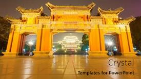  Presentation with china - Slide set enhanced with chongqing great hall of people at night in china background and a gold colored foreground