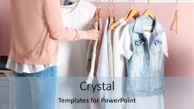  Presentation with clothes - Cool new theme with choose - woman choosing clothes on rack backdrop and a light blue colored foreground