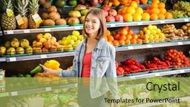 Presentation with beautiful fresh leaves water drops - Colorful PPT theme enhanced with choosing fresh avocado in supermarket backdrop and a yellow colored foreground