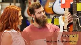  Presentation with music instruments - Beautiful slide set featuring choosing guitar at music store backdrop and a red colored foreground