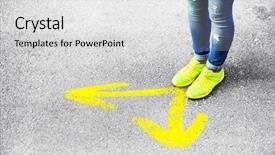  Presentation with road yellow - Audience pleasing presentation theme consisting of choosing way - female feet standing on road backdrop and a light gray colored foreground