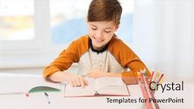  Presentation with reading - Cool new PPT layouts with choper - smiling student boy reading book backdrop and a lemonade colored foreground