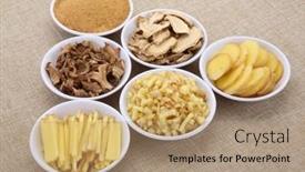  Presentation with ginger - Presentation having chopped-and-shredded-ginger-root background and a coral colored foreground