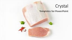  Presentation with tenderloin - PPT theme with chopped raw pork tenderloin on white background background and a white colored foreground