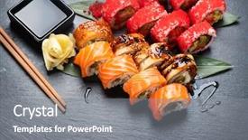  Presentation with japan food - Audience pleasing PPT layouts consisting of chopsticks sushi roll japanese backdrop and a gray colored foreground
