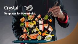  Presentation with master chef - Slide set having chopsticks with flying sushi piece background and a dark gray colored foreground
