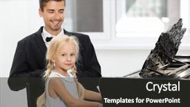  Presentation with piano - Beautiful PPT theme featuring chords - young man teaching little girl backdrop and a dark gray colored foreground