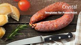  Presentation with chorizo - Amazing presentation design having chorizo sausage on old wooden table backdrop and a tawny brown colored foreground