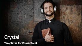  Presentation with music headphones - Slide set featuring christian - modern catholic priest listening music background and a wine colored foreground