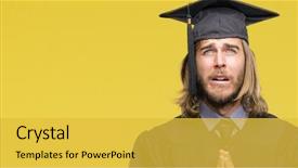  Presentation with long hair man - Slides having christian college - young handsome graduated man background and a yellow colored foreground