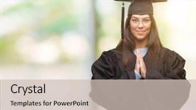  Presentation with confident young hispanic woman - Audience pleasing slides consisting of christian college - young hispanic woman wearing graduated backdrop and a  colored foreground