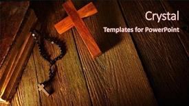  Presentation with rosary - PPT theme enhanced with christian cross on wood bible background and a wine colored foreground