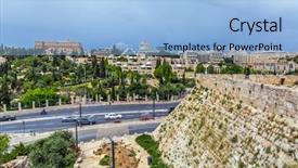  Presentation with stepping stone - PPT theme having christian flag - magnificent white stone jerusalem illuminated background and a light blue colored foreground