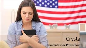  Presentation with praying hands on open bible - Slide set featuring christian flag - woman with bible praying background and a coral colored foreground