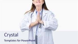  Presentation with medical robot hand and doctor - Presentation consisting of christian maturity - middle age mature doctor woman background and a  colored foreground