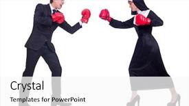  Presentation with nun - Colorful slide deck enhanced with christian men - nun with boxing gloves isolated backdrop and a  colored foreground