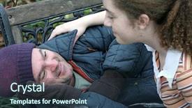  Presentation with homeless - PPT theme featuring christian missions - homeless man being helped background and a tawny brown colored foreground