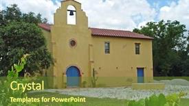  Presentation with church blue - Beautiful presentation theme featuring christian missions - old adobe spanish-style mission church backdrop and a tawny brown colored foreground