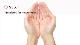  Presentation with human hands open palm up - Colorful presentation theme enhanced with christian moving - two open empty hands backdrop and a sky blue colored foreground
