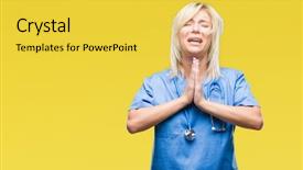  Presentation with praying hands - Colorful PPT layouts enhanced with christian nursing - young beautiful blonde doctor woman backdrop and a  colored foreground