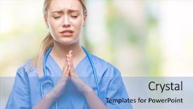  Presentation with praying hands - Audience pleasing PPT theme consisting of christian nursing - young blonde surgeon doctor woman backdrop and a  colored foreground