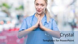  Presentation with praying hands - Audience pleasing PPT theme consisting of christian nursing - young blonde surgeon doctor woman backdrop and a  colored foreground