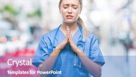  Presentation with praying hands - PPT theme with christian nursing - young blonde surgeon doctor woman background and a  colored foreground