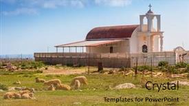  Presentation with coast - Audience pleasing presentation design consisting of christian sheep - beautiful chapel on the coast backdrop and a gold colored foreground