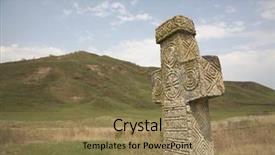  Presentation with ancient cross - PPT layouts consisting of soldier praying - ancient stone monument cross background and a coral colored foreground