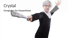  Presentation with nun - Amazing theme having christian sword - man wearing nun costume isolated backdrop and a  colored foreground