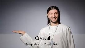  Presentation with wooden christian cross religious concept - Slide deck enhanced with christian young adults - priest man in religious concept background and a light gray colored foreground