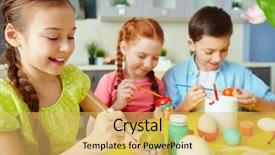  Presentation with eggs egg carton egg box - PPT theme enhanced with christian youth - schoolchildren painting eggs for easter background and a yellow colored foreground