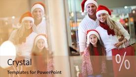  Presentation with family speech - PPT theme having christmans shopping - portrait of happy family background and a coral colored foreground