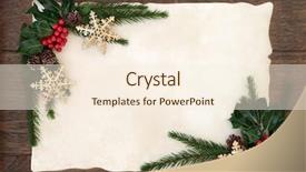  Presentation with christmas holly - Presentation theme with christmas abstract background border with snowflake bauble decorations holly ivy and fir on parchment paper over old oak wood background and a cream colored foreground