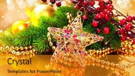  Presentation with golden christmas - Slide deck consisting of christmas and new year baubles and decorations over golden background christmas tree garland bulbs on glowing background background and a gold colored foreground