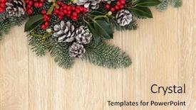  Presentation with winter border - Cool new PPT theme with christmas and winter background border of fir holly mistletoe and snow covered pine cones over oak wood backdrop and a lemonade colored foreground