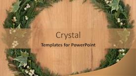  Presentation with cedar - Presentation theme enhanced with christmas and winter wreath with mistletoe ivy and cedar leaf sprigs over oak background background and a coral colored foreground