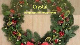  Presentation with spruce - Audience pleasing presentation consisting of christmas and winter wreath with red bow holly ivy mistletoe spruce fir and pine cones over oak background backdrop and a tawny brown colored foreground