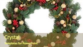  Presentation with holly - PPT layouts featuring christmas and winter wreath with gold bauble decorations holly ivy mistletoe spruce fir and pine cones over white background background and a tawny brown colored foreground