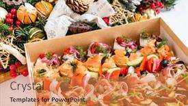  Presentation with appetizers - Presentation design with christmas-appetizers-in-the-box background and a coral colored foreground