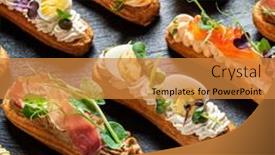  Presentation with appetizers - Presentation design with christmas-appetizers-on-the-stone background and a gold colored foreground