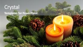  Presentation with christmas candles - Colorful theme enhanced with christmas arrangement of burning candles and green spruce branches backdrop and a gray colored foreground