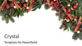  Presentation with holly - Audience pleasing PPT theme consisting of christmas background border with cinnamon stick spice bauble decorations holly ivy mistletoe and fir over white with copy space backdrop and a white colored foreground