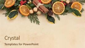  Presentation with gold border - Slide set featuring christmas background border with orange fruit cinnamon sticks gold baubles holly mistletoe and winter greenery over parchment background background and a lemonade colored foreground