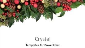  Presentation with floral border over white - Presentation theme with christmas background floral border with gold bauble decorations holly pine cones and winter greenery over white with copy space background and a white colored foreground