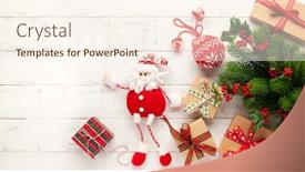  Presentation with holly - PPT layouts featuring christmas background with gift boxes santa claus toy and branches of holly and fir on white wooden background winter festive concept flat lay copy space background and a cream colored foreground