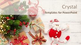  Presentation with holly - Beautiful presentation theme featuring christmas background with gift boxes santa claus toy and branches of holly and fir on white wooden background winter festive concept flat lay copy space backdrop and a cream colored foreground