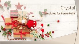 Presentation with christmas holly - Colorful presentation theme enhanced with christmas background with gift boxes santa claus toy and branches of holly and fir on white wooden background winter festive concept flat lay copy space backdrop and a cream colored foreground